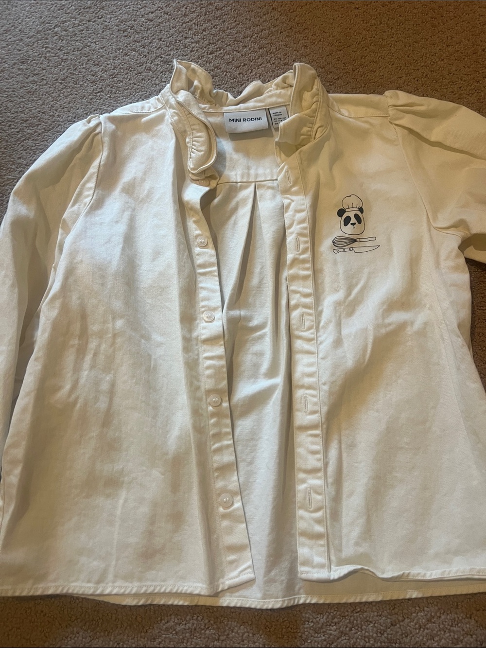 Mini Rodini Cream Button-Up Shirt with Panda Chef Motif. Girls size 7-9